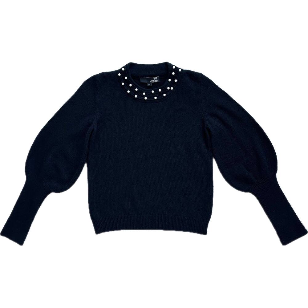 Love Moschino Wool Cashmere Sweater Balloon Sleeve Pearl Crewneck Size S